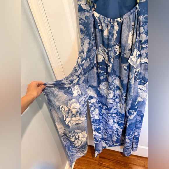 BCBGMax Floral Blue Yellow Maxi side slit open back dress size XXS - Picture 11 of 16